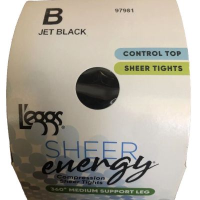 L'eggs Sheer Energy B Jet Black Control Top Compression Tights 360 Med Support